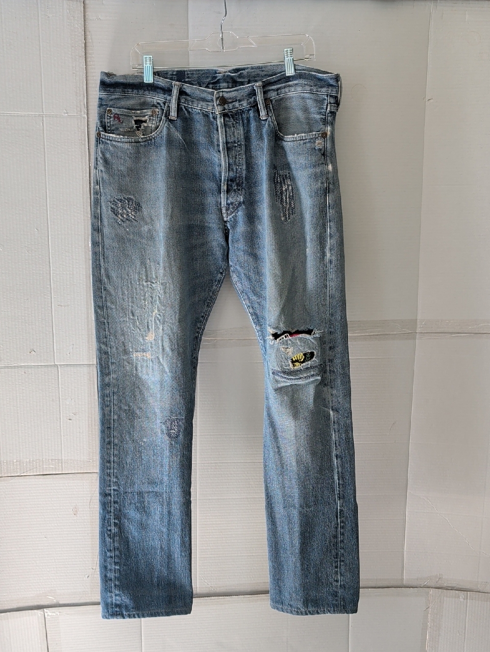Vintage Polo Ralph Lauren Distressed Blue Denim Jeans SZ36/32 Button Fly Patches